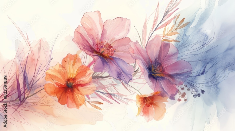 The watercolor painting shows a bouquet of colorful flowers including orange cosmos, purple statice, and pink roses.