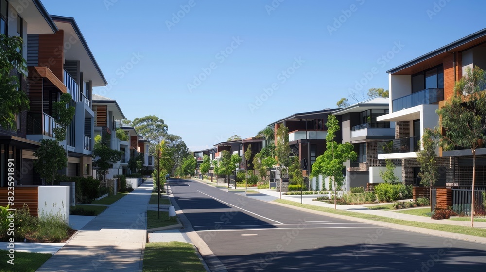 Panoramic view of a vibrant suburb showcasing a mix of residential and commercial spaces Panoramic view of a vibrant suburb showcasing a mix of residential and commercial spaces