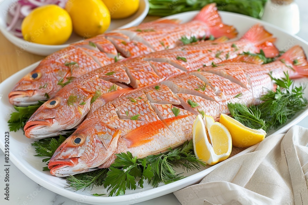Four Fish on a White Plate With Lemons and Herbs Four Fish on a White Plate With Lemons and Herbs