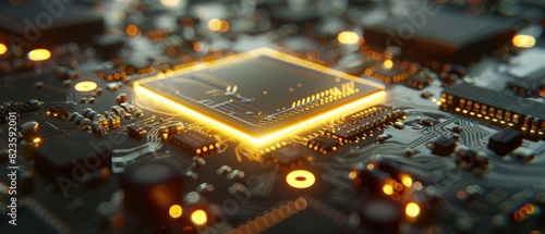 Detailed shot of a highlighted microchip on a hightech motherboard