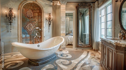 luxury bathroom with a custom mosaic tile floor  a sculptural freestanding tub  and an ornate mirror that spans the entire wall