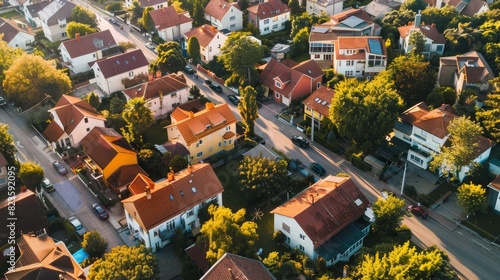 Wide-angle shot of a vibrant suburb showcasing its diversity and liveliness