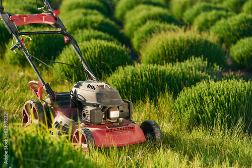 Lawn mower on the green field