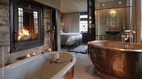 luxury bathroom with a double-sided fireplace visible from the bedroom and bathroom  a freestanding copper tub  and vintage-style taps