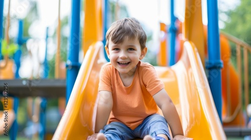 A young boy is sitting on a yellow slide, smiling and enjoying himself