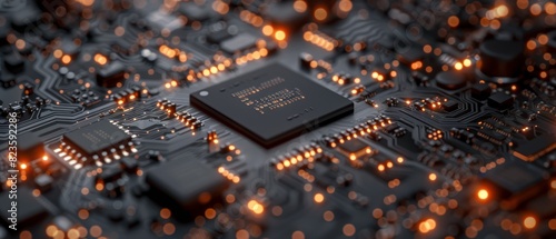 Closeup view of a microchip with a glowing effect on a detailed motherboard