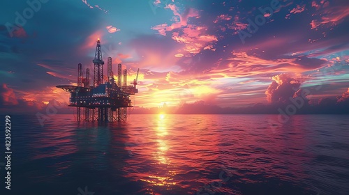 Massive oil drilling rig platform in the ocean at sunset photo