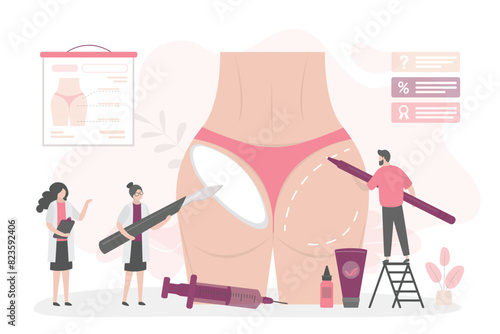 Bottom plastic surgery, medical procedure. Lifting contour skin, injections. Plastic surgery cosmetic rejuvenating treatment. Medical team drawing perforation lines on body.