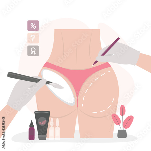 Bottom plastic surgery, medical procedure. Lifting contour skin, injections. Plastic surgery cosmetic rejuvenating treatment.