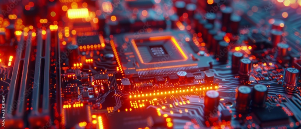 Closeup of a glowing integrated circuit on a hightech motherboard