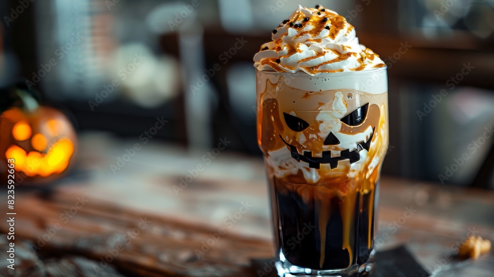 Close-up of a spooky Halloween cold cocktail topped with whipped cream, jack o'lantern face on the glass