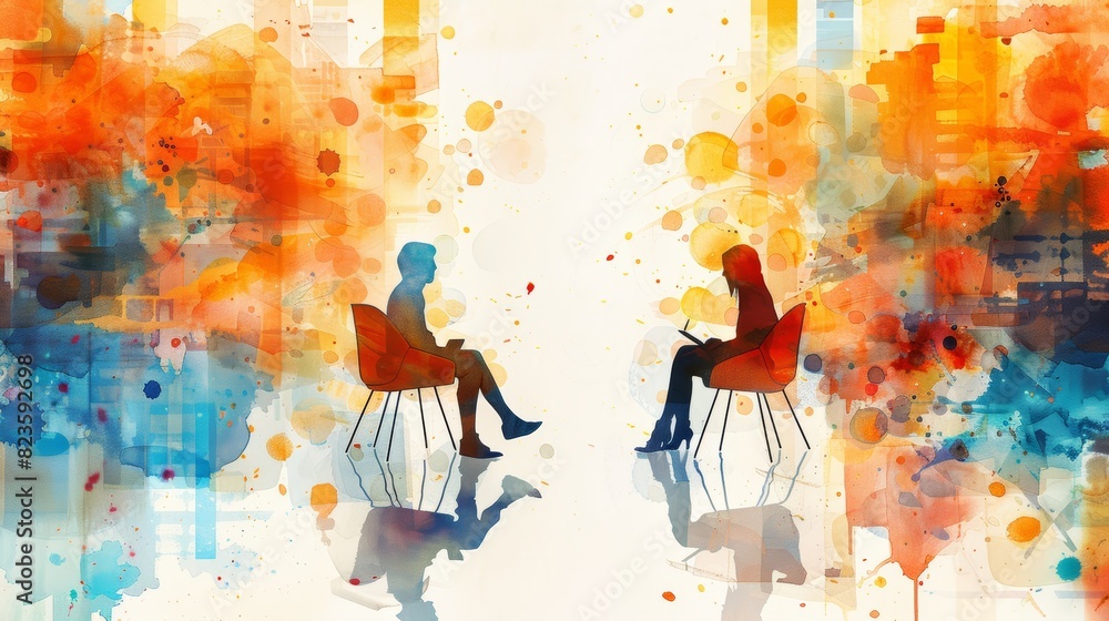 Two watercolor painted people sitting on chairs, having a conversation. Two watercolor painted people sitting on chairs, having a conversation.