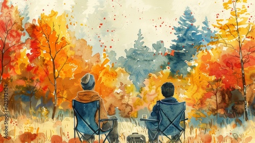 Two friends camping in the woods. They are sitting in chairs and looking at the beautiful fall foliage.