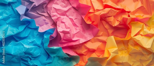A close shot of a colorful or multicolored crumbled paper surface with a big space on it for text or product advertisement background purpose, Generative AI. photo