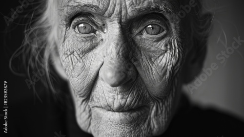 A black and white portrait of an elderly person with deep wrinkles and kind eyes, reflecting a lifetime of experiences.