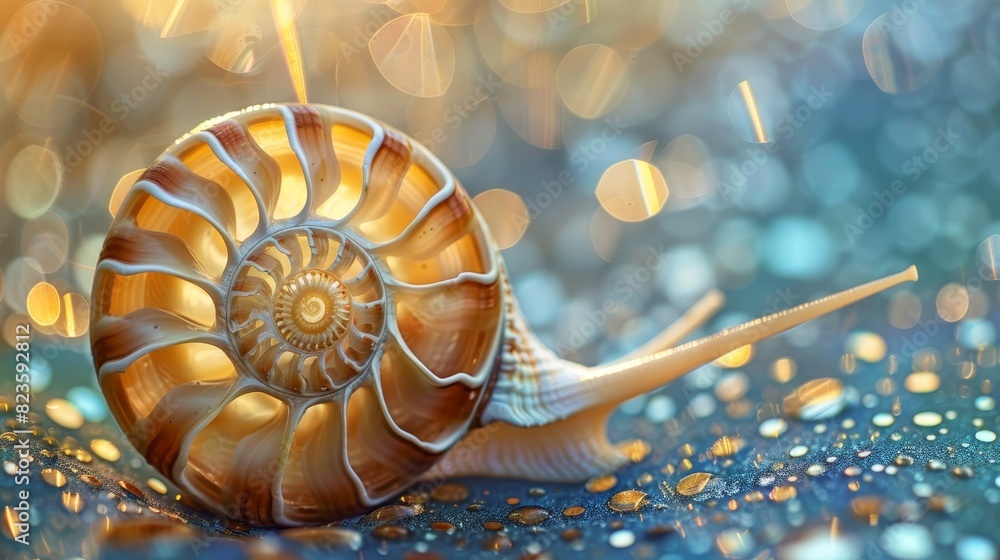 Close-up of a nautilus shell with intricate patterns on a shimmering blue and gold background, perfect for marine-themed designs Close-up of a nautilus shell with intricate patterns on a shimmering blue and gold background, perfect for marine-themed designs