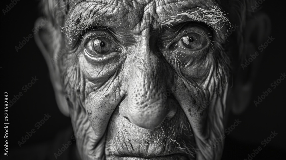 A black and white portrait of an elderly person with deep wrinkles and kind eyes, reflecting a lifetime of experiences. A black and white portrait of an elderly person with deep wrinkles and kind eyes, reflecting a lifetime of experiences.