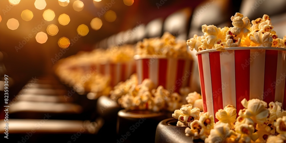 Popcorn cup with red stripes filled with popcorn in a movie theater. Concept Movie theater, Popcorn cup, Red stripes, Snack, Entertainment Popcorn cup with red stripes filled with popcorn in a movie theater. Concept Movie theater, Popcorn cup, Red stripes, Snack, Entertainment