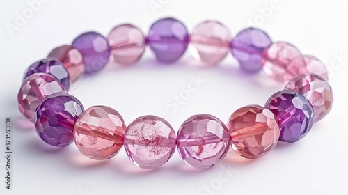 Close-up of a delicate pink and purple bracelet with gemstones, isolated white background, studio lighting © Paul