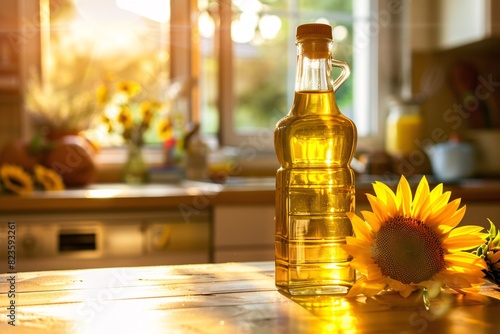 a bottle of oil next to a sunflower photo