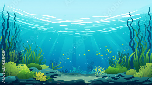 Tranquil Underwater Landscape with Seaweeds: Panoramic Seascape Vector Illustration.