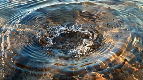 Circular waves from a dropped object in the ocean, raw style, clear water, detailed ripples and splashes