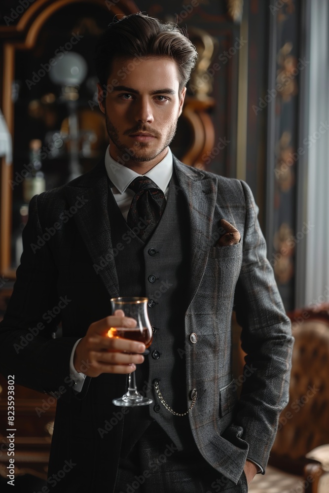 Elegant man in a suit with glass of beverage and cigar Elegant man in a suit with glass of beverage and cigar