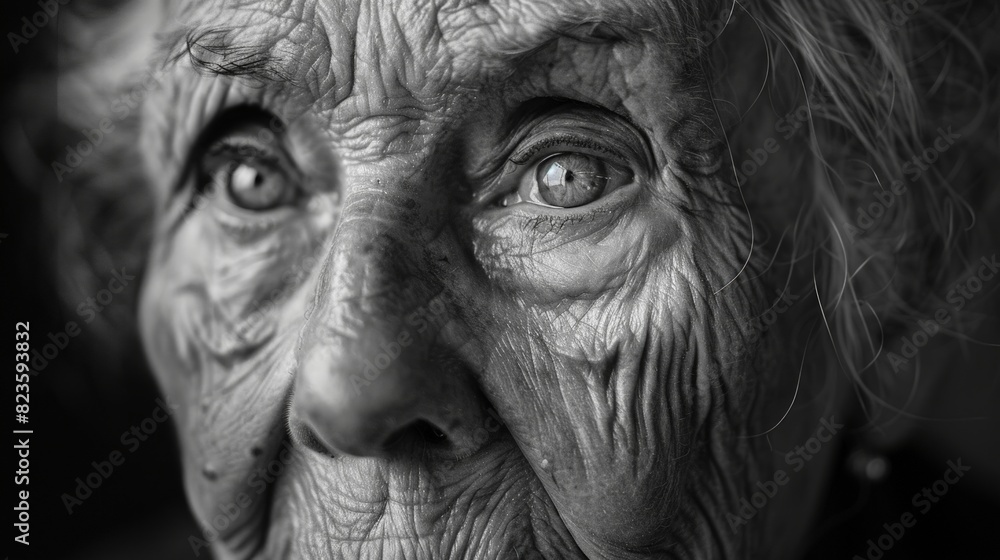 A black and white portrait of an elderly person with deep wrinkles and kind eyes, reflecting a lifetime of experiences. A black and white portrait of an elderly person with deep wrinkles and kind eyes, reflecting a lifetime of experiences.