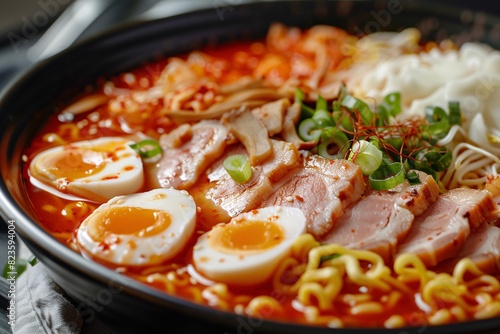 a bowl of ramen with meat and eggs