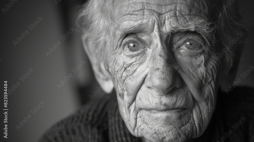 A black and white portrait of an elderly person with deep wrinkles and kind eyes, reflecting a lifetime of experiences. A black and white portrait of an elderly person with deep wrinkles and kind eyes, reflecting a lifetime of experiences.