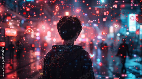 Back of a young individual enmeshed in a sprawling web of neon internet wires, surrounded by social media symbols and alerts