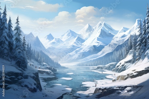 Digital art of a tranquil winter scene with snow-covered mountains  river  and pine trees