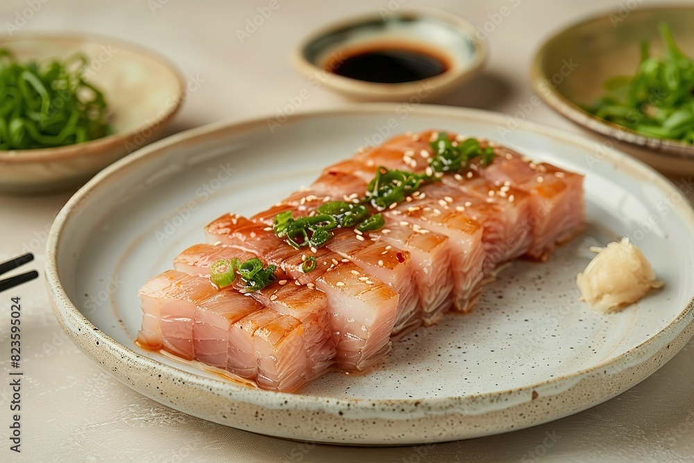 plate of meat with green herbs on top. The meat is sliced and arranged in a way that makes it look appetizing plate of meat with green herbs on top. The meat is sliced and arranged in a way that makes it look appetizing