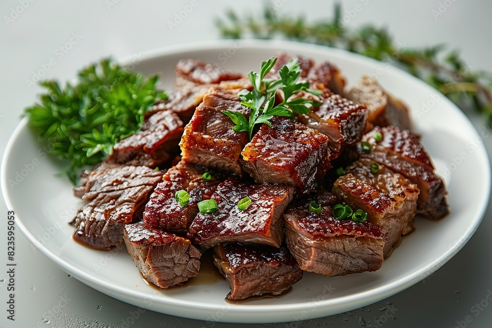 A white plate with the dish of braised duck, cut into small pieces of skin and meat stacked on top A white plate with the dish of braised duck, cut into small pieces of skin and meat stacked on top