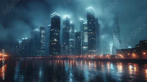 Connect the modern skyscrapers of Moscow City and put them in a row, dark background, real photo,