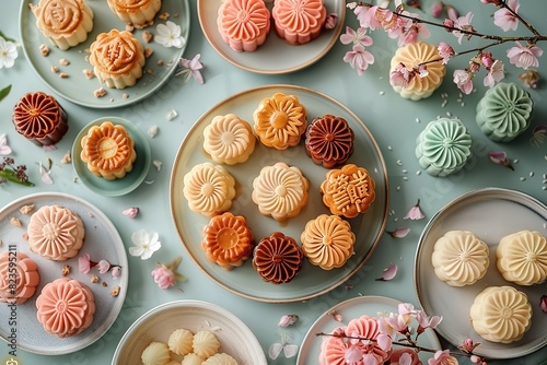 A plate of colorful mooncakes was placed on the dining table with several other Chinese pastries in a soft focused background