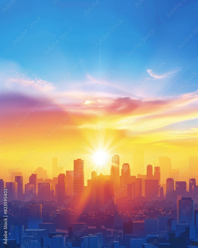Fototapeta premium Minimalist city skyline clean lines, limited colors in sleek urban silhouette under bright daylight