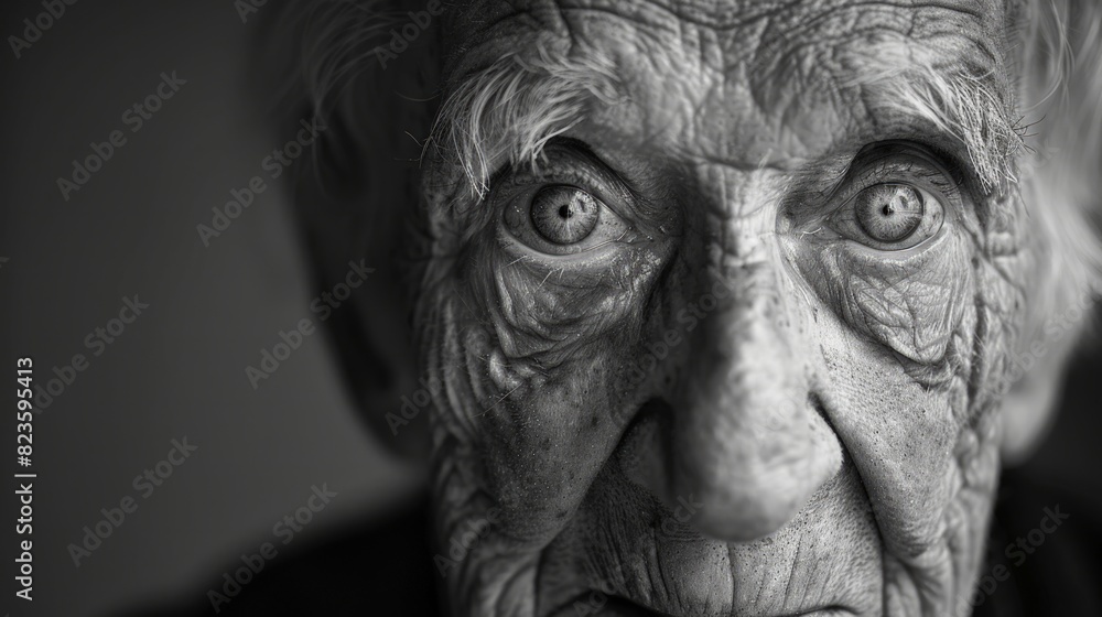 A black and white portrait of an elderly person with deep wrinkles and kind eyes, reflecting a lifetime of experiences. A black and white portrait of an elderly person with deep wrinkles and kind eyes, reflecting a lifetime of experiences.