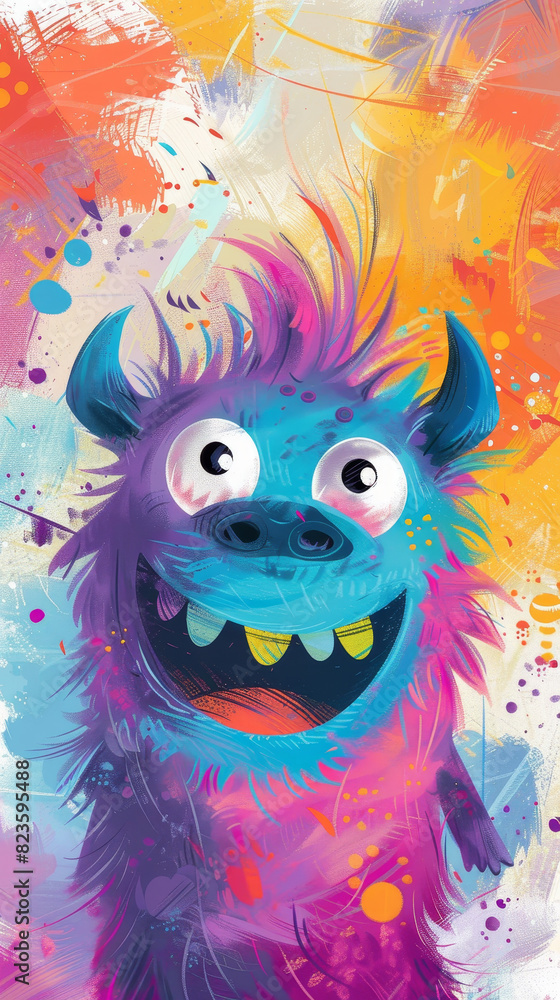 A vibrant, colorful monster with a joyful expression stands against an abstract, splattered background full of energy and excitement.