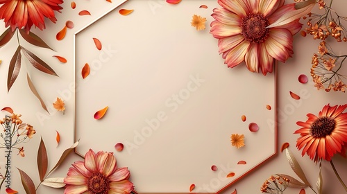 A top view of golden line hexanol shaped frame with colorful flower on a clean white surface with a big space for text or product advertisement purpose, Generative AI. photo