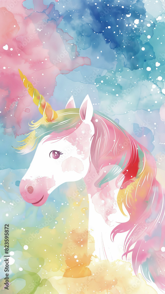 A whimsical unicorn with a rainbow mane stands against a dreamy, watercolor sky filled with vibrant splashes of pink, blue, and yellow. A whimsical unicorn with a rainbow mane stands against a dreamy, watercolor sky filled with vibrant splashes of pink, blue, and yellow.