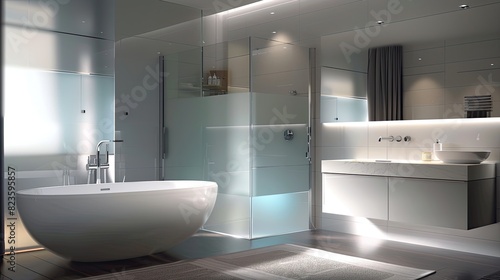 modern bathroom with adjustable frosted glass for privacy, a white freestanding tub, and a wall-mounted vanity with sensor-activated faucets