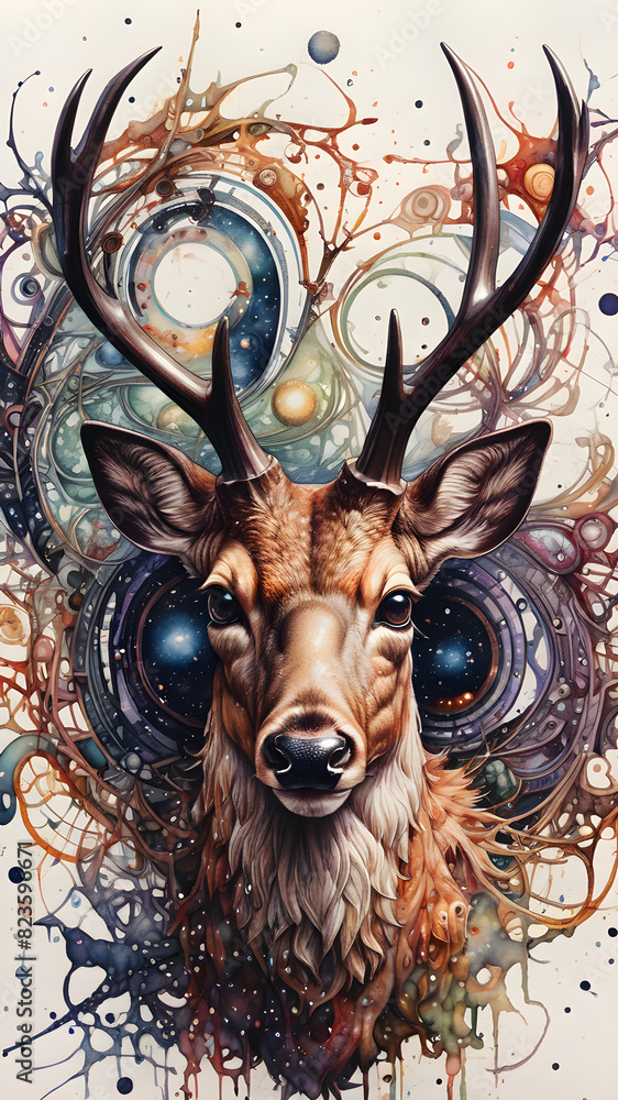 Obraz premium Deer's eye and galaxy. Watercolor style.