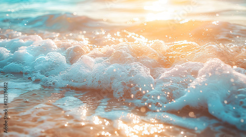 Sun glare in waves of sea water on a tropical beach