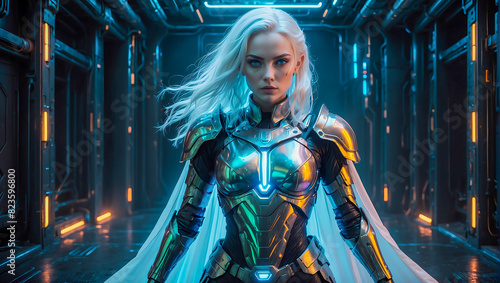 Portrait of a beautiful female paladin with stunning blue eyes and long white hair doing an heroic pose wearing her armor