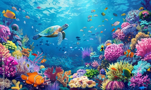 turtle with group of colorful fish and sea animals with colorful coral underwater in ocean
