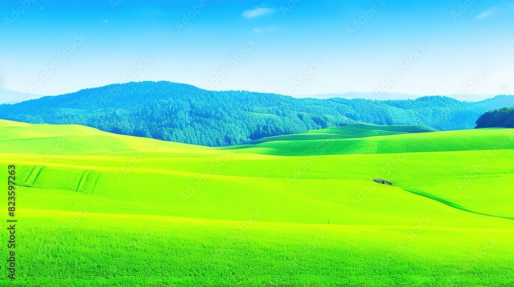 Obraz premium Scenic countryside view with green grass, rolling hills, and blue skyScenic countryside view with green grass, rolling hills, and blue sky