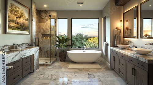 modern bathroom with a large picture window  a freestanding tub  and a vanity with a marble countertop and vessel sinks