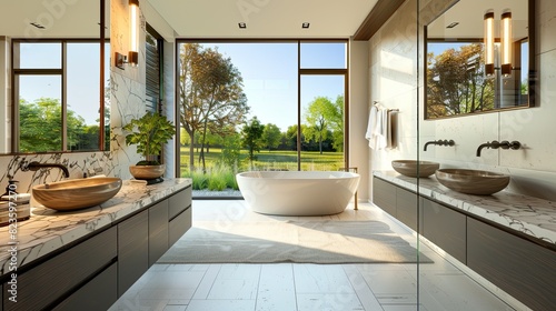 modern bathroom with a large picture window  a freestanding tub  and a vanity with a marble countertop and vessel sinks