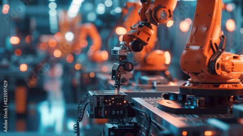Multiple orange robotic arms operate seamlessly on an industrial production line, illustrating advanced automation technology